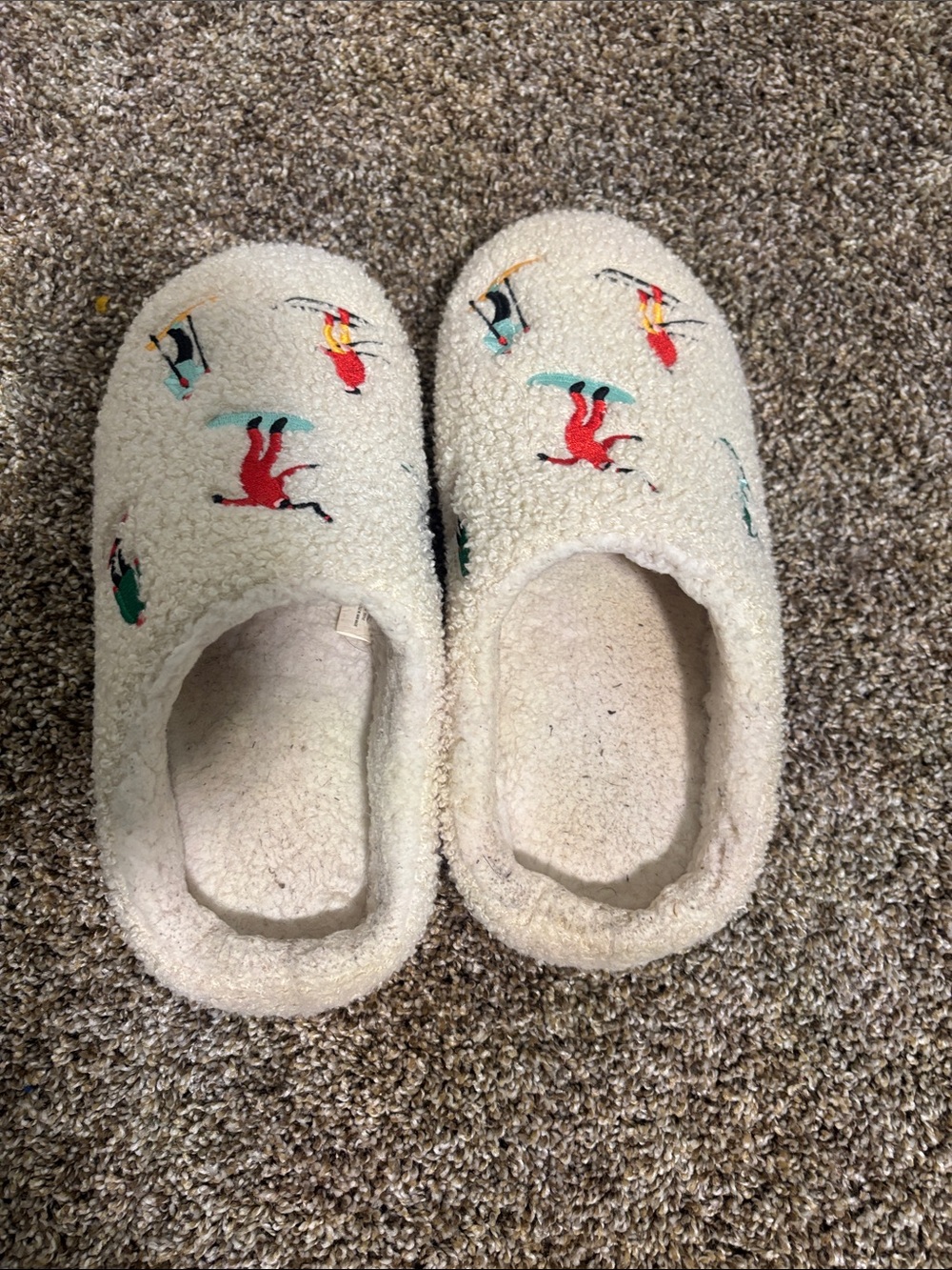 Cozy Cream One-Piece Slippers with Colorful Skiers